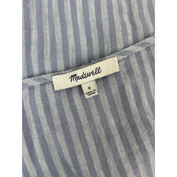 Madewell women's 0 linen-blend ruffle sleeve drawstring crop top in stripe blue - Picture 7 of 8